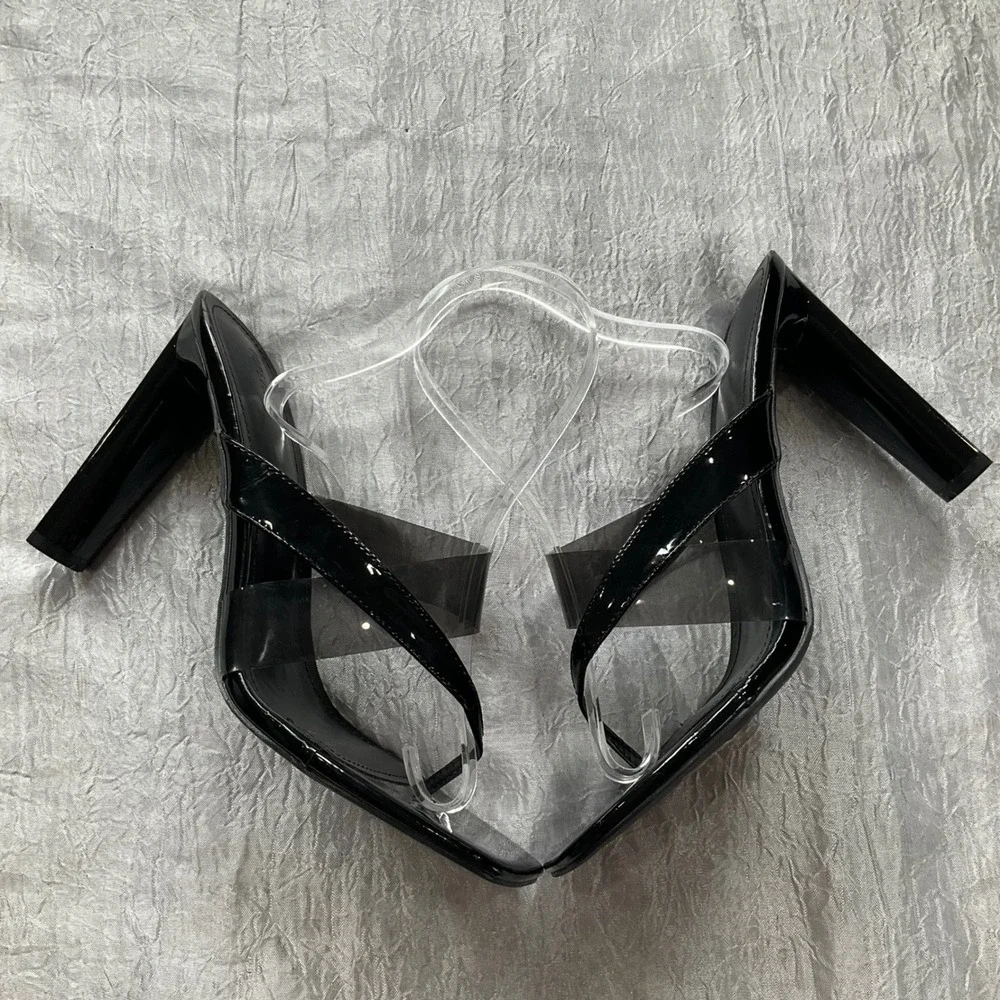 Forever 21 Black Patent Clear Strap Square Toe Thong Heel Mule Sandals Sz 10 Y2K